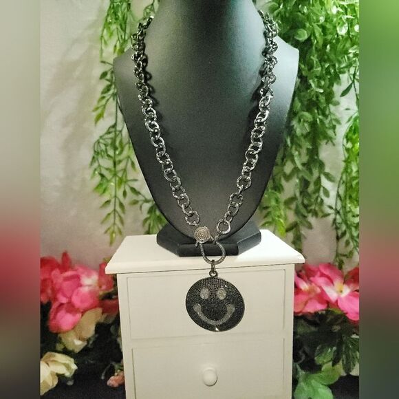 Black Diamond Smiley Face Necklace - Picture 13 of 17